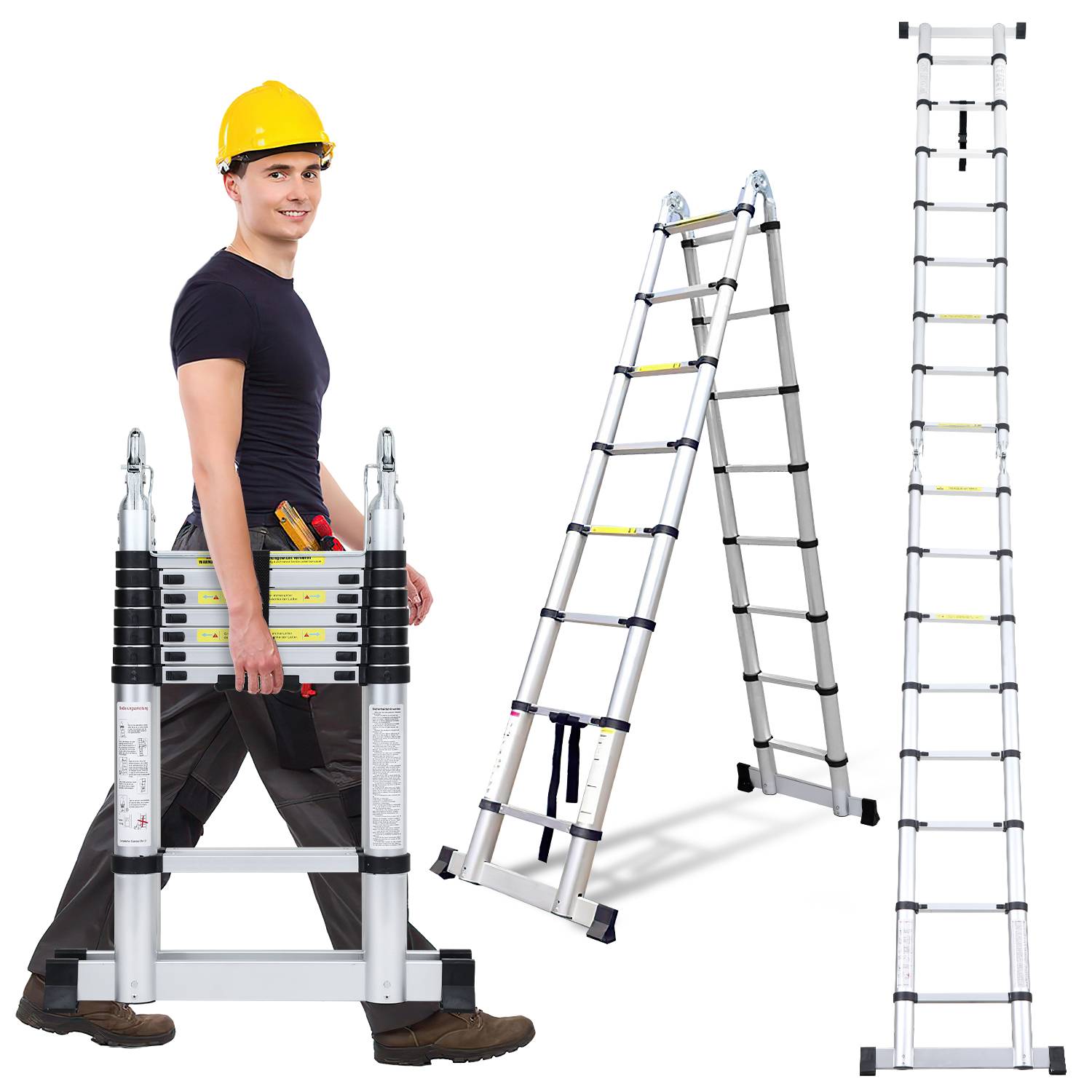 Alu Teleskopleiter 2.5M+2.5M Klappleiter Stehleiter Schiebeleiter Mehrzweckleiter Leiter Anlegeleiter Aluleiter (2.5M+2.5M) Silber