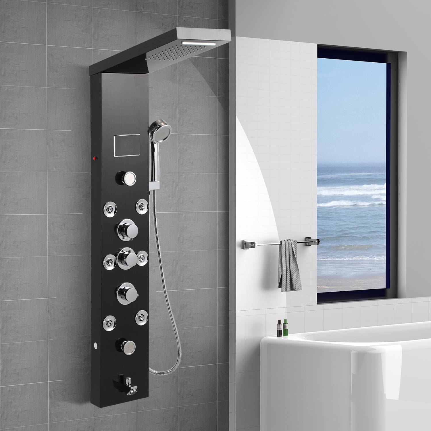 Duschpaneelsystem Duschpaneel Edelstahl Schwarzer Titan Duschsäule mit 6 Duschmodi Duschset Duschpaneelturm mit Regendusche(Schwarz)