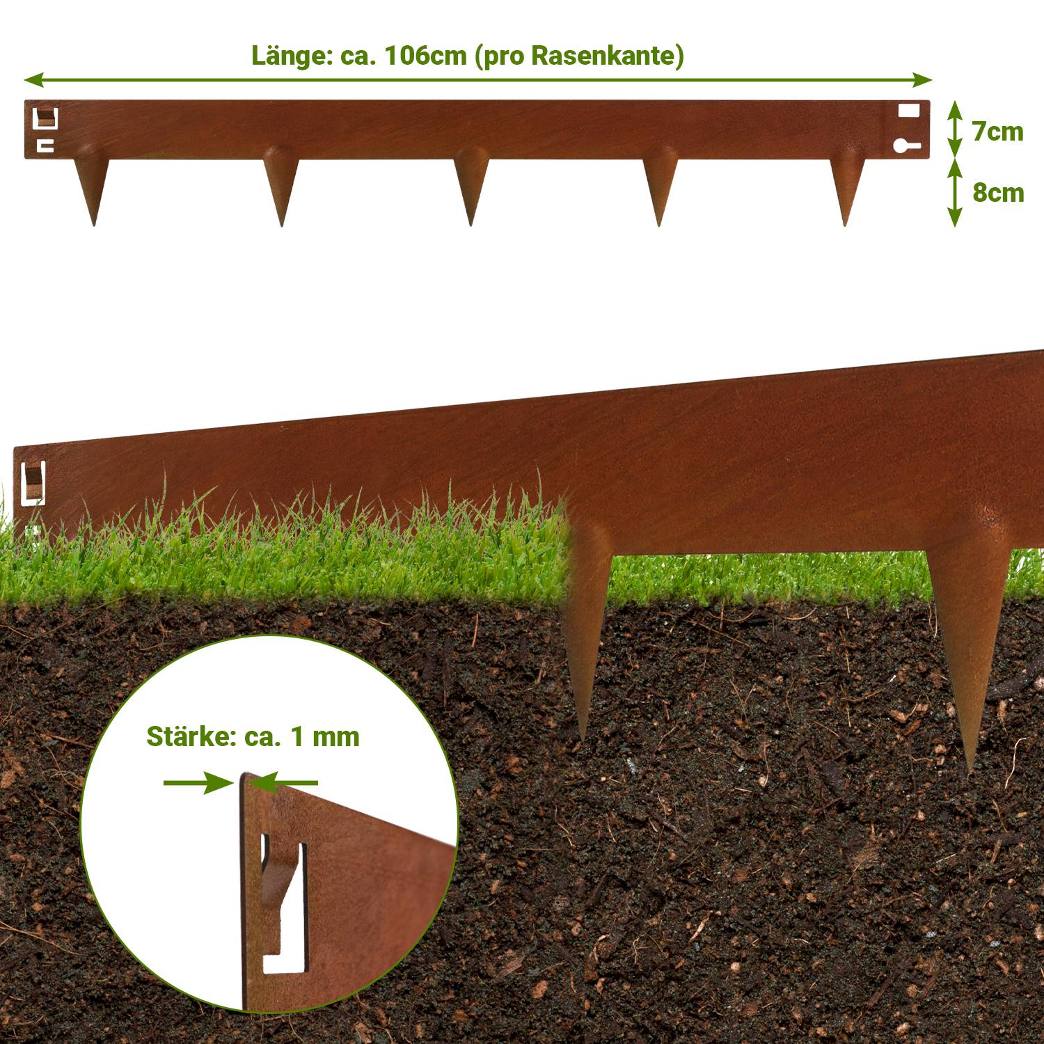 Rasenkante Schnecken Abwehr Verzinkt Blumenzaun Trennrand Gartenumrandung Stahl 100x15cm 25m Rost