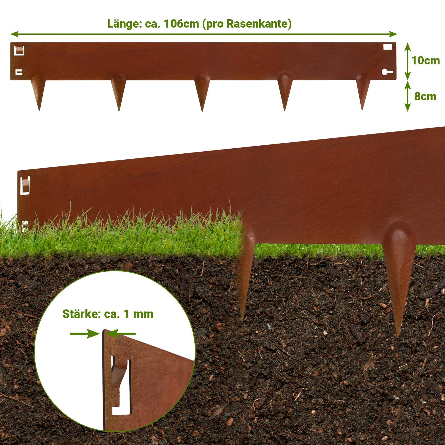 Rasenkante mit Spitzen Metall 100 x 18 cm 35m Beeteinfassung Mähkante Verzinkt Wegbegrenzung Beetumrandung Palisade Rost