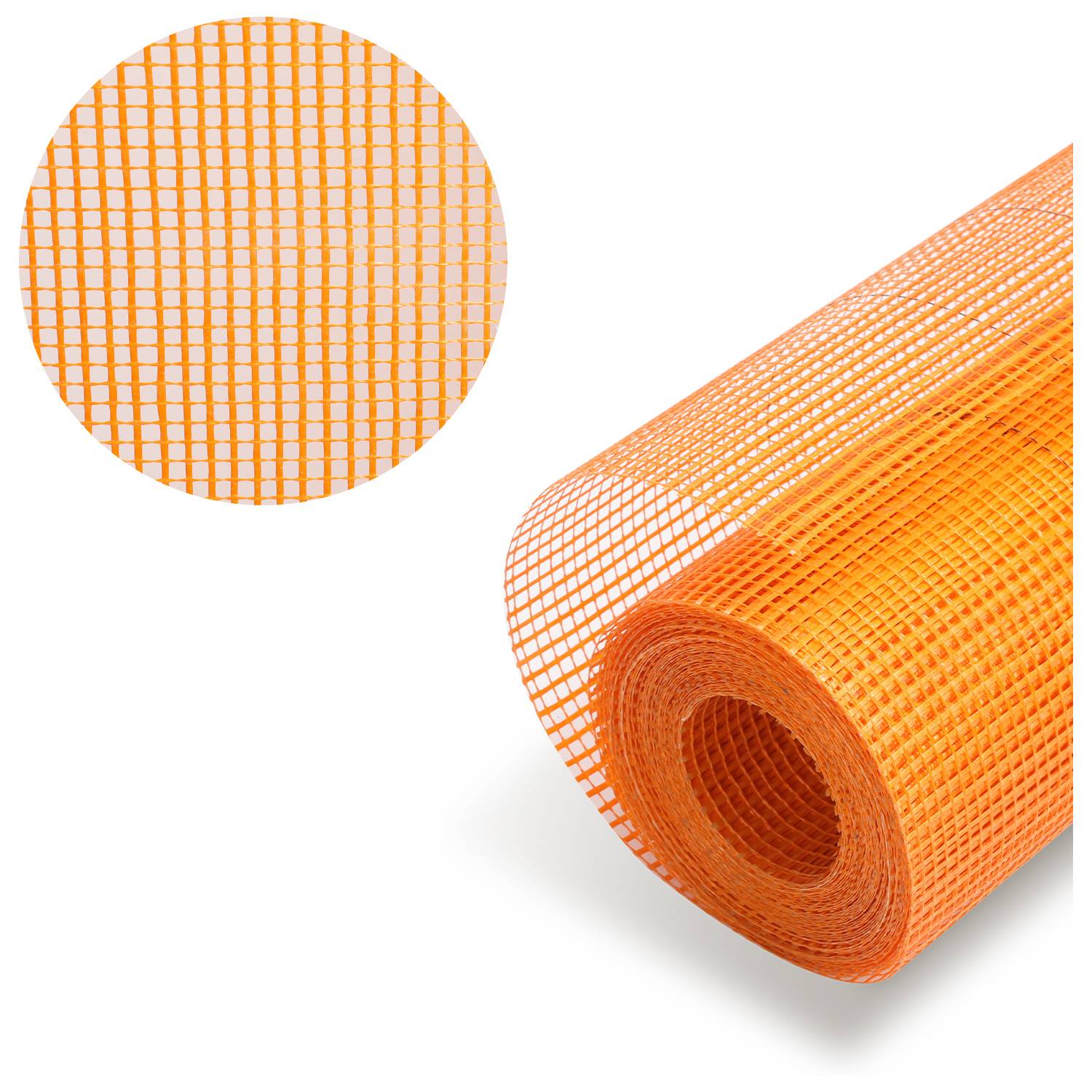 Orange-Fiberglas-Maschenrolle mit einer Nahaufnahme im Inset, die das Gittermuster zeigt.