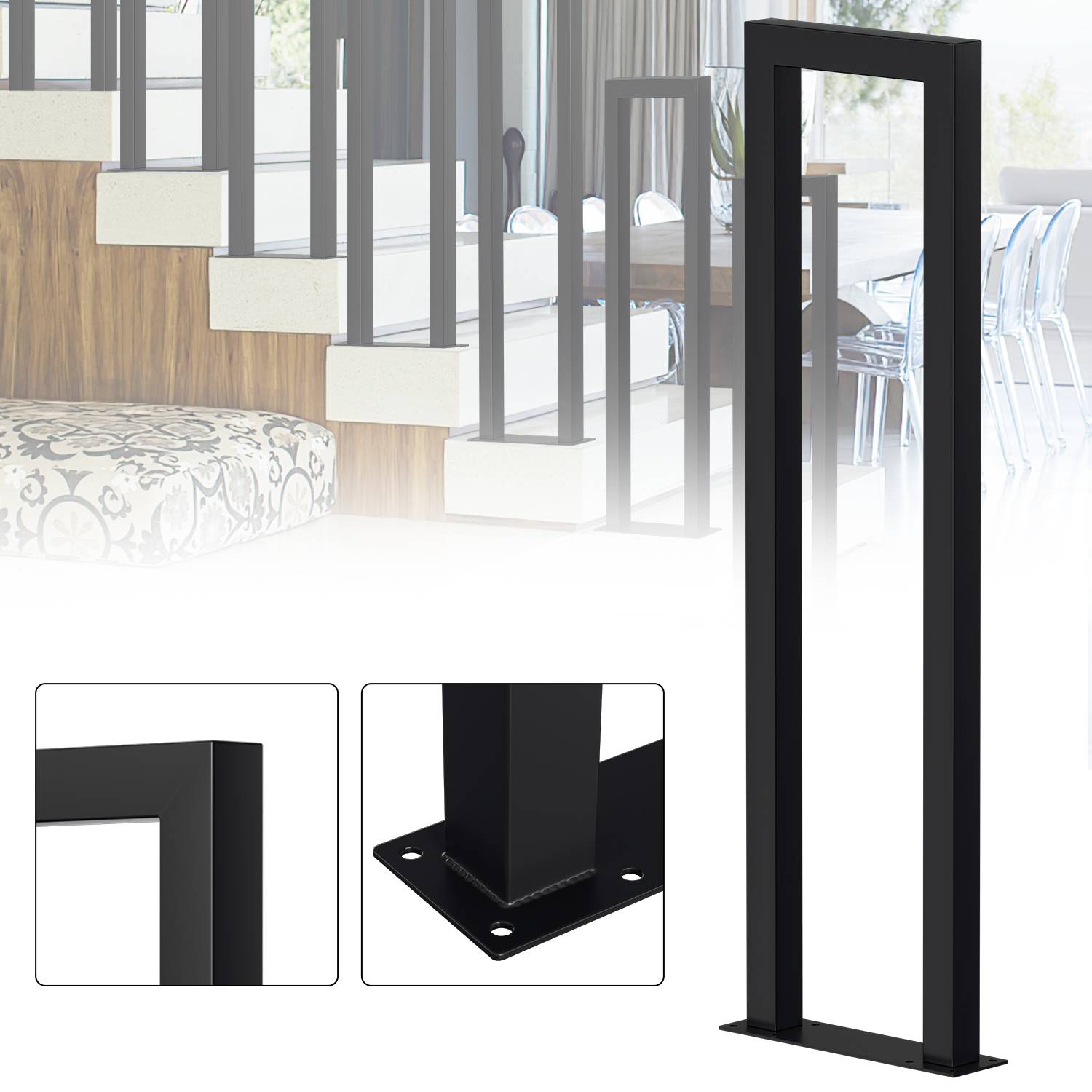 100cm U-Form Treppengeländer für Innen und Außen - Schwarz Eisen Handlauf für Treppen, Flure, Loft und Dachboden Aufrechte Montage