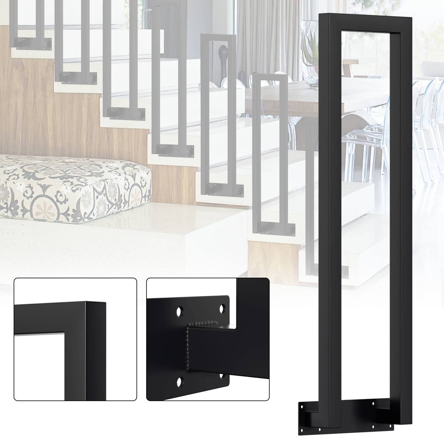 75cm U-Form Treppengeländer für Innen und Außen - Schwarz Eisen Handlauf für Treppen, Flure, Loft und Dachboden Seitliche Montage