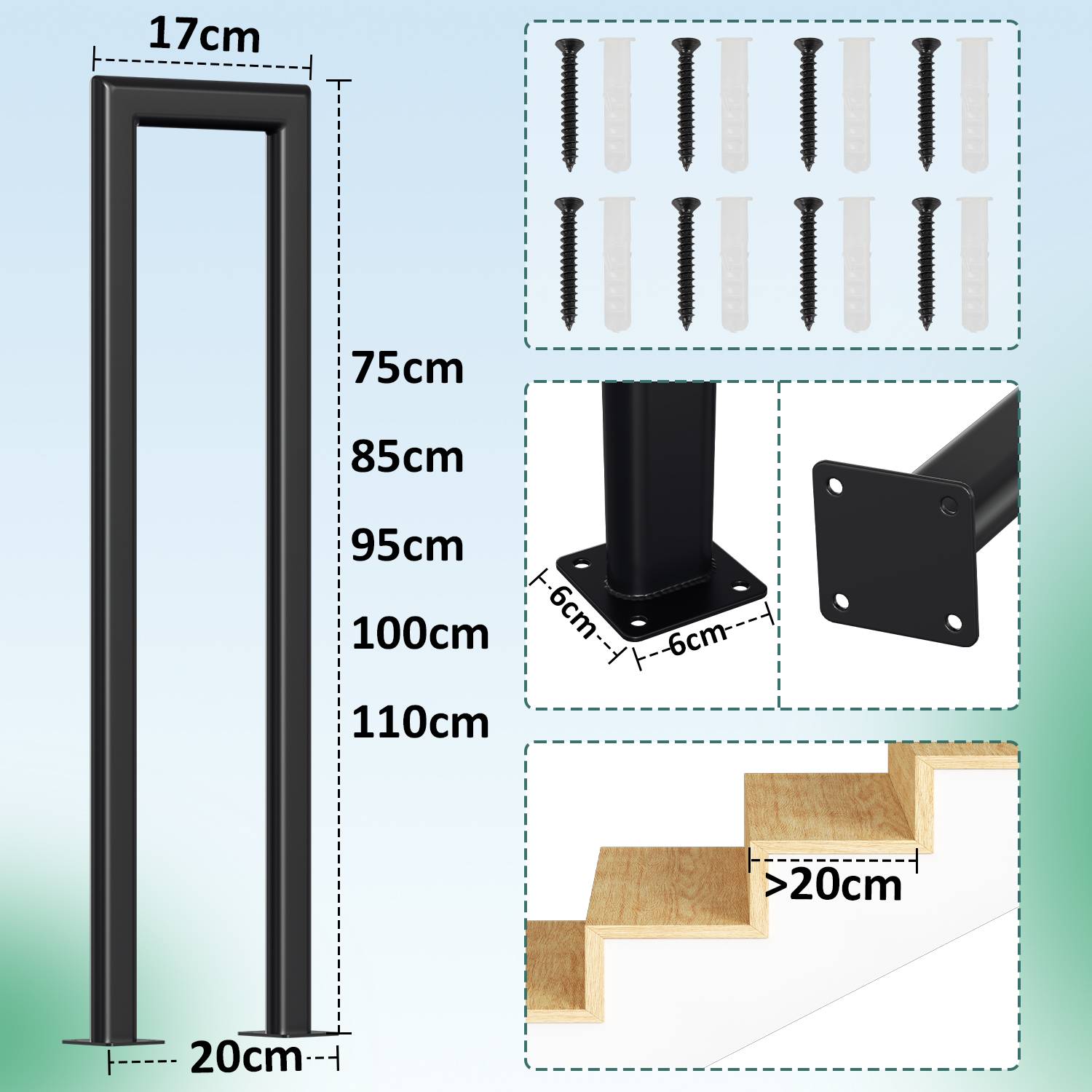 55cm U-Form Treppengeländer für Innen und Außen - Schwarz Eisen Elliptische Röhre Handlauf für Treppen, Flure, Loft und Dachboden Aufrechte Monta