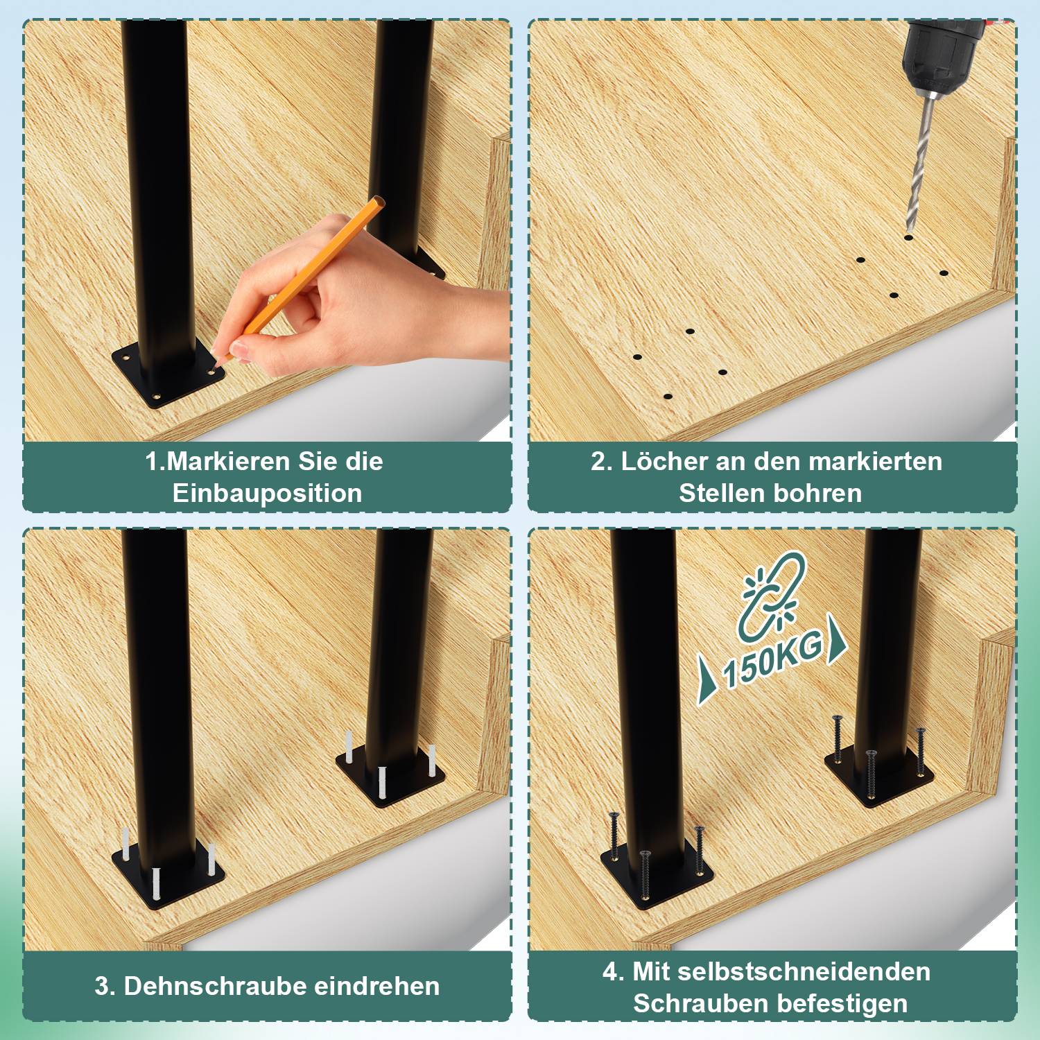 55cm U-Form Treppengeländer für Innen und Außen - Schwarz Eisen Elliptische Röhre Handlauf für Treppen, Flure, Loft und Dachboden Aufrechte Monta