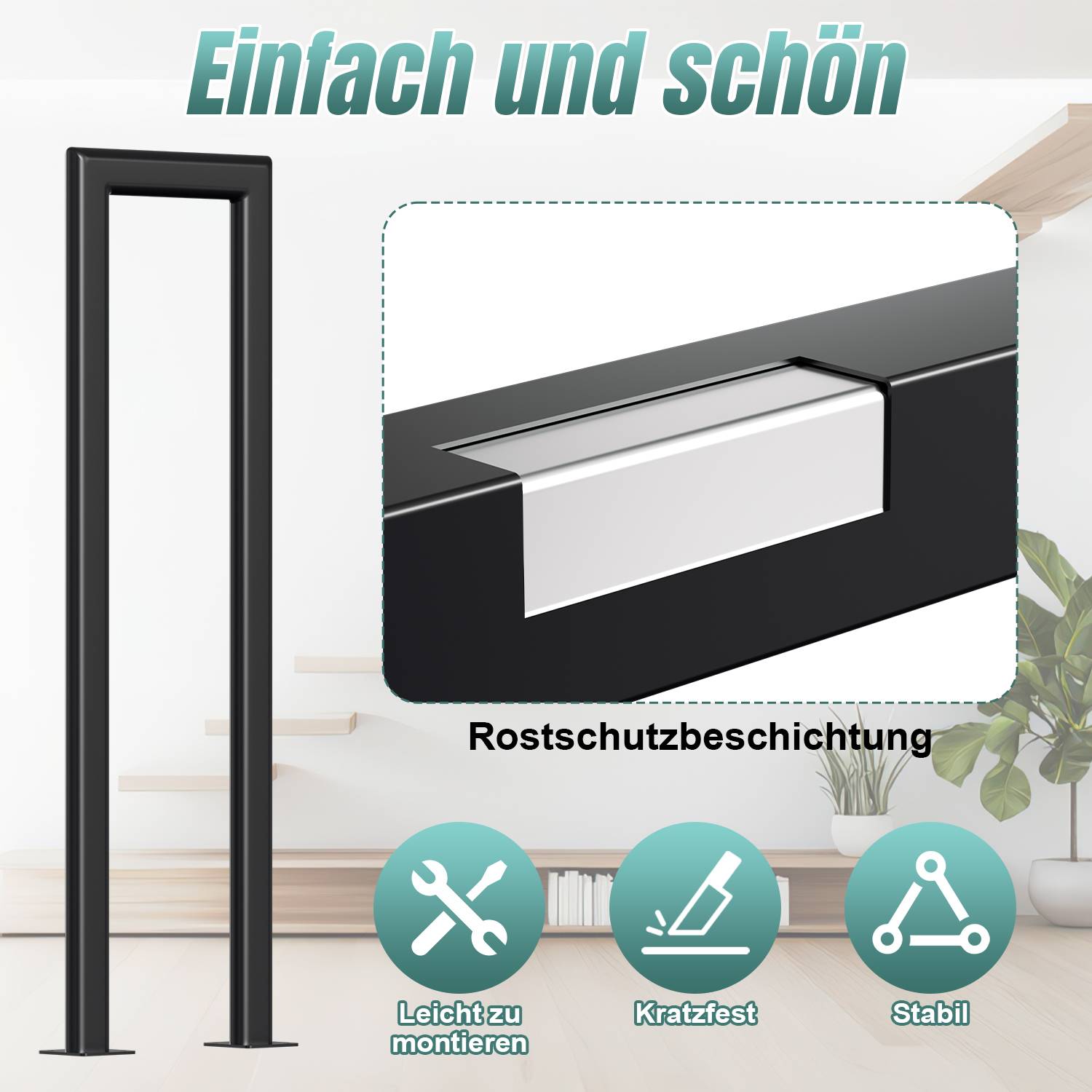 55cm U-Form Treppengeländer für Innen und Außen - Schwarz Eisen Elliptische Röhre Handlauf für Treppen, Flure, Loft und Dachboden Aufrechte Monta