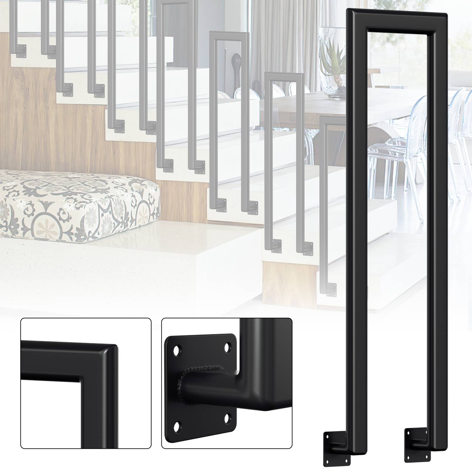 75cm U-Form Treppengeländer für Innen und Außen - Schwarz Eisen Elliptische Röhre Handlauf für Treppen, Flure, Loft und Dachboden Seitliche Monta