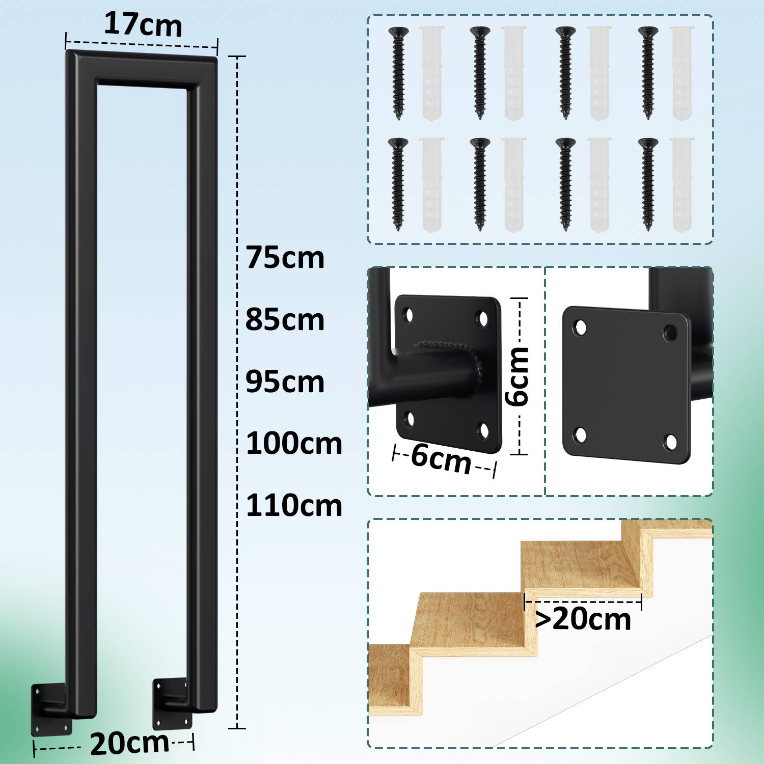 75cm U-Form Treppengeländer für Innen und Außen - Schwarz Eisen Elliptische Röhre Handlauf für Treppen, Flure, Loft und Dachboden Seitliche Monta