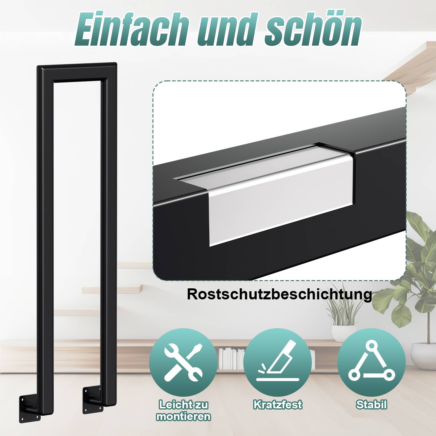 75cm U-Form Treppengeländer für Innen und Außen - Schwarz Eisen Elliptische Röhre Handlauf für Treppen, Flure, Loft und Dachboden Seitliche Monta