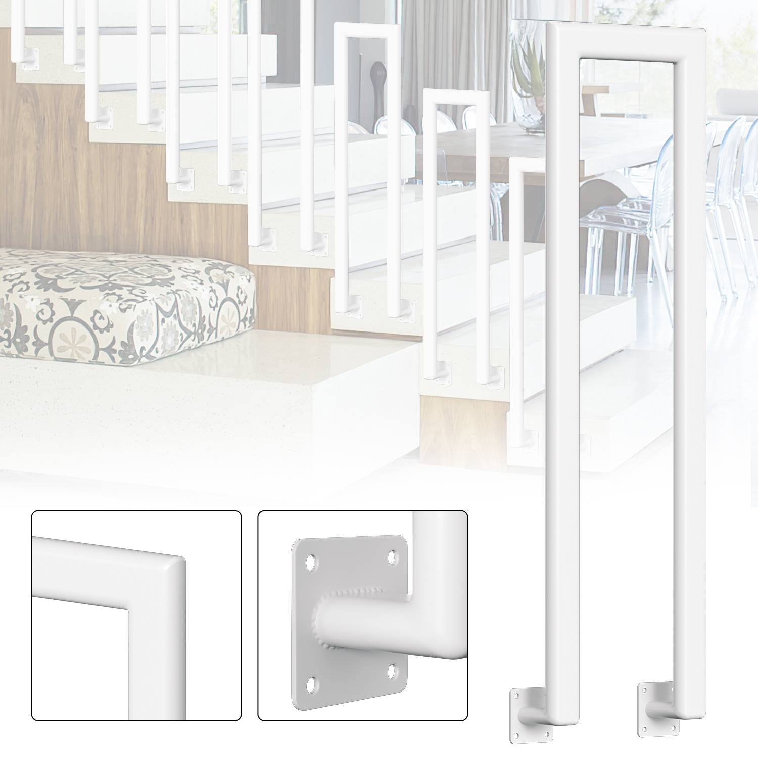 75cm U-Form Treppengeländer für Innen und Außen - Weiß Eisen Elliptische Röhre Handlauf für Treppen, Flure, Loft und Dachboden Seitliche Montage