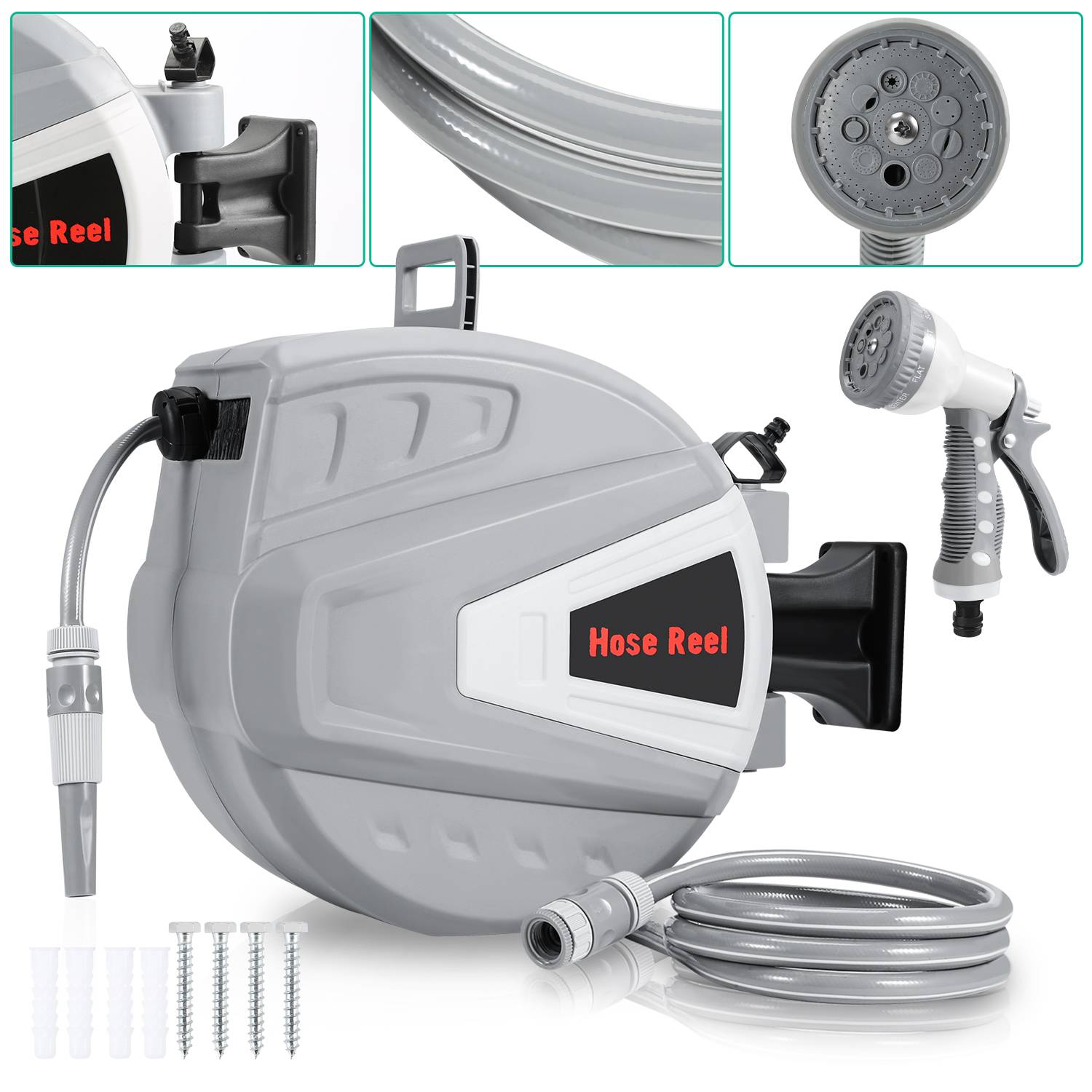 Schlauchtrommel mit 30 m Wasserschlauch und Multifunktionsbrause - Schlauchaufroller mit Wandhalterung, Düse – Grau
