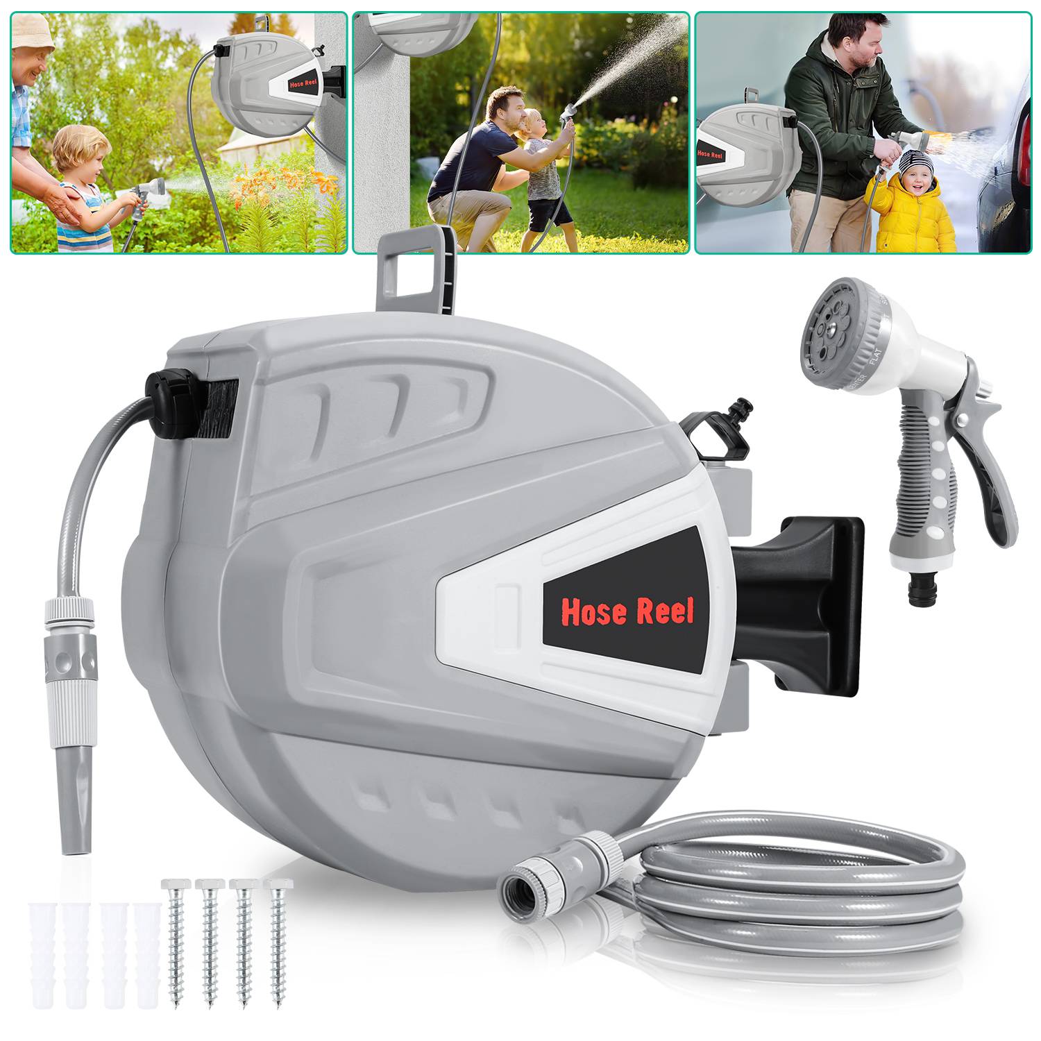 Gartenschlauchaufroller 30 m, Schlauchaufroller, schwenkbare Schlauchtrommel, Wand-Schlauchbox mit Düse, Inkl. Wandhalterung, Grau