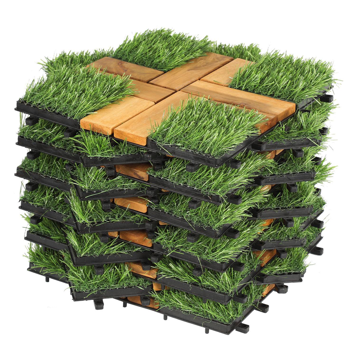 55 Stück Holzfliesen mit Kunstrasen 5 qm, 30x30cm Terrassenfliesen Klickfliesen Balkonfliesen mit Drainagensystem, Wetterfest aus Akazienholz