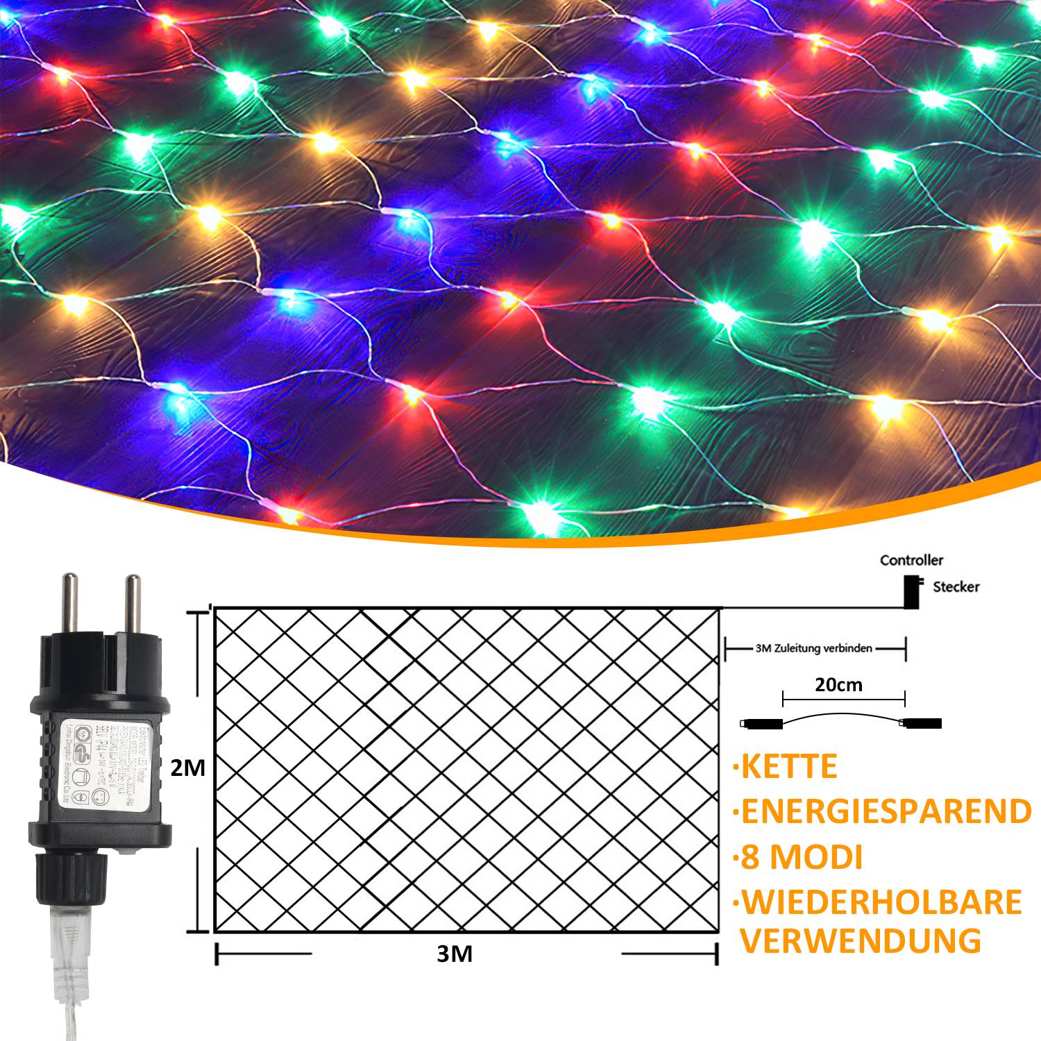 LED Lichternetz 3x2M Bunt Lichterkette Weihnachtsbeleuchtung Lichtervorhang Innen Außen Deko 8 Modi IP44 200 LEDs