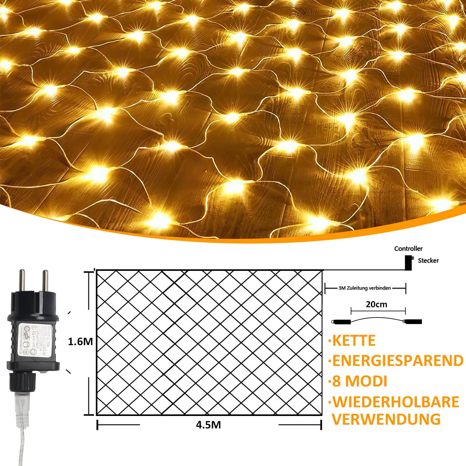 4.5x1.6M 300 LED Lichternetz 8 Lichtmodi Lichterkette Wasserdicht Innen Außen Weihnachten Party Garten Deko, Warmweiß