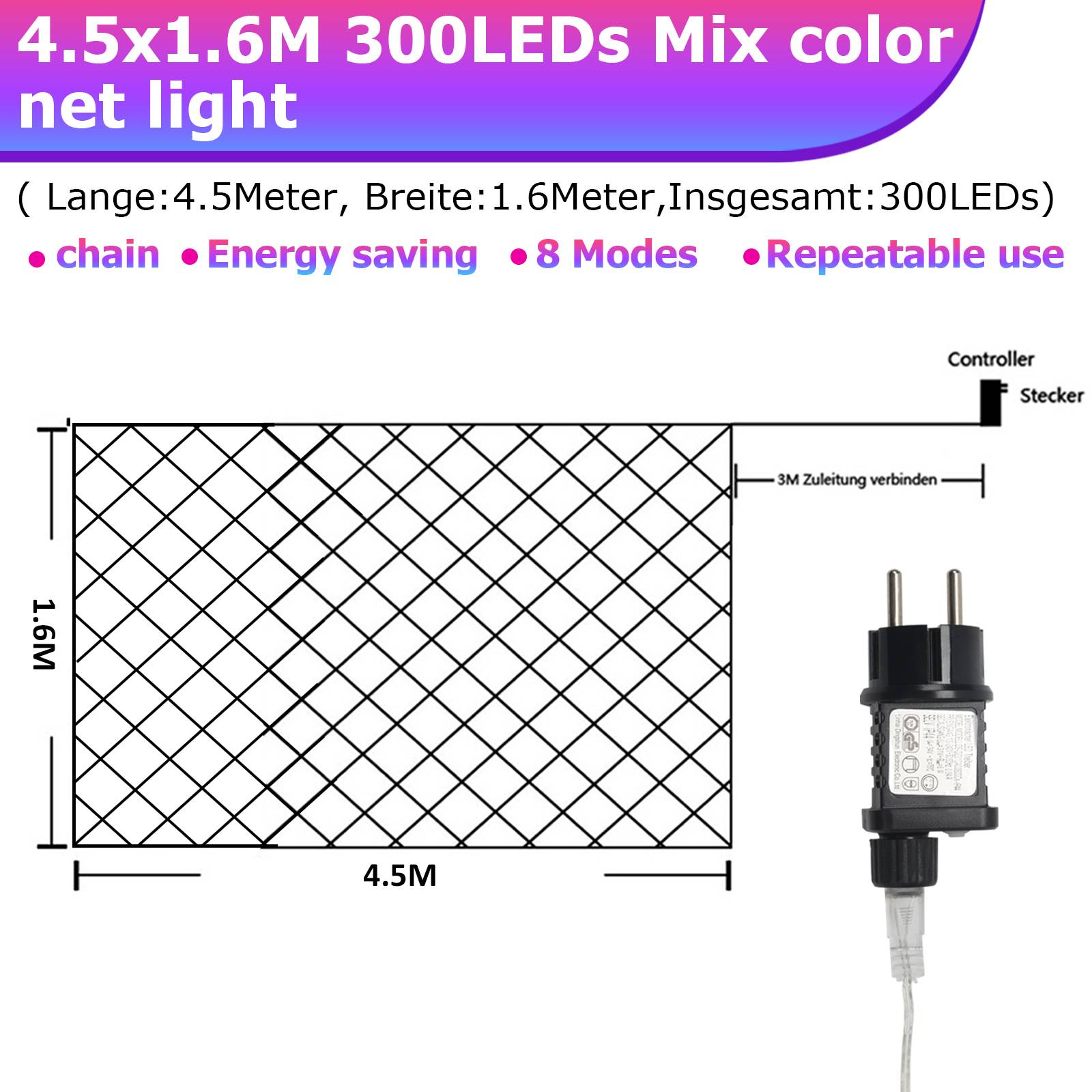 LED Lichternetz 4.5x1.6M Bunt Lichterkette Weihnachtsbeleuchtung Lichtervorhang Innen Außen Deko 8 Modi IP44 300 LEDs