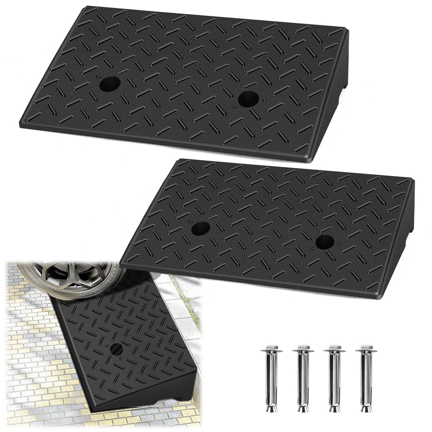 2er Auffahrrampen Bordsteinrampe Gummirampe Rollstuhlrampe Schwellenrampe Bordsteinkanten Rampe für Rollator Motorrad 49x30x11cm
