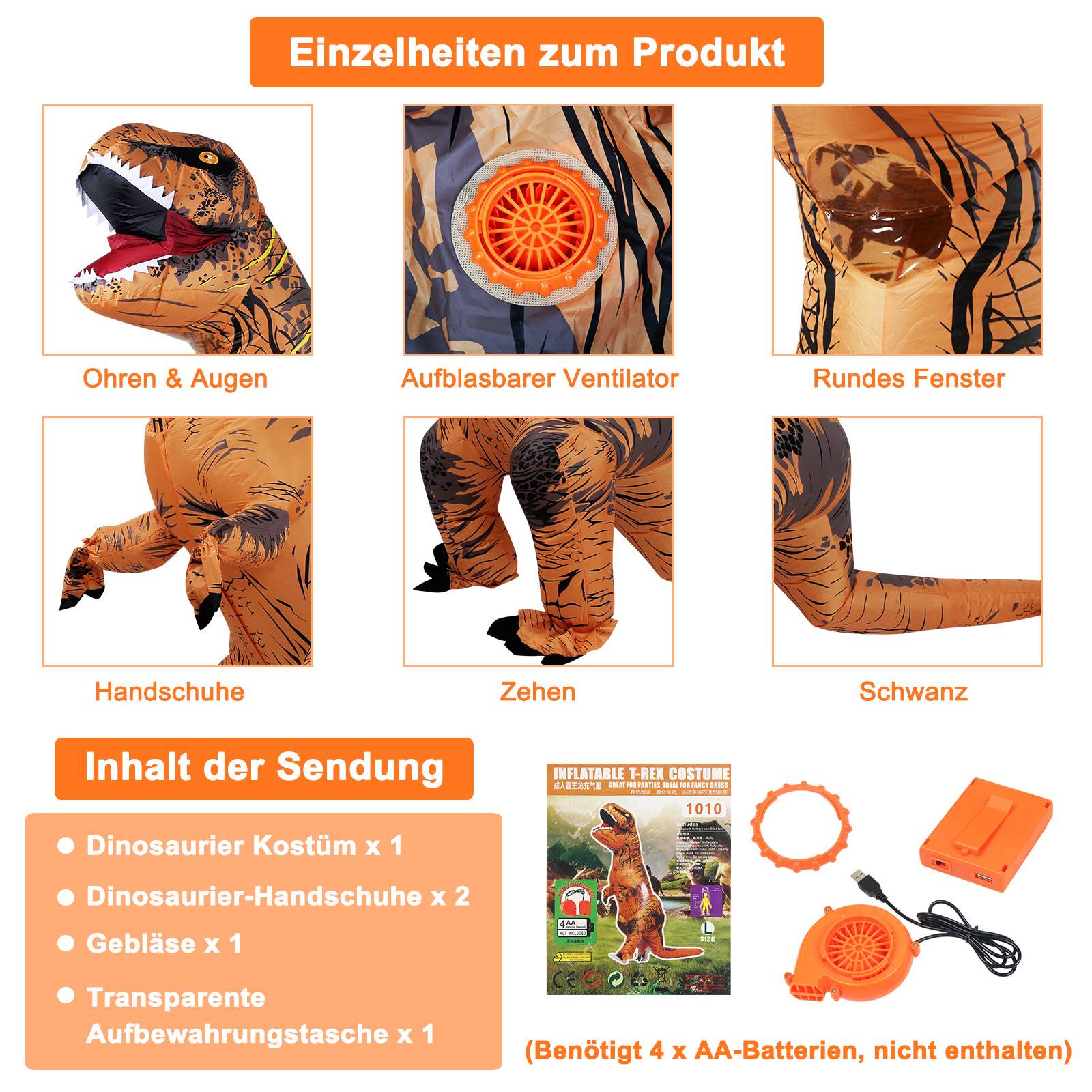 2m Aufblasbares Kostüm Dinosaurier Erwachsene T-Rex Kinder Halloween Karneval Fasching Dino Kostüm
