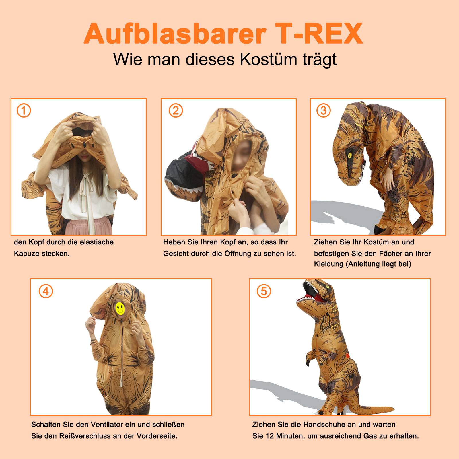 2m Aufblasbares Kostüm Dinosaurier Erwachsene T-Rex Kinder Halloween Karneval Fasching Dino Kostüm