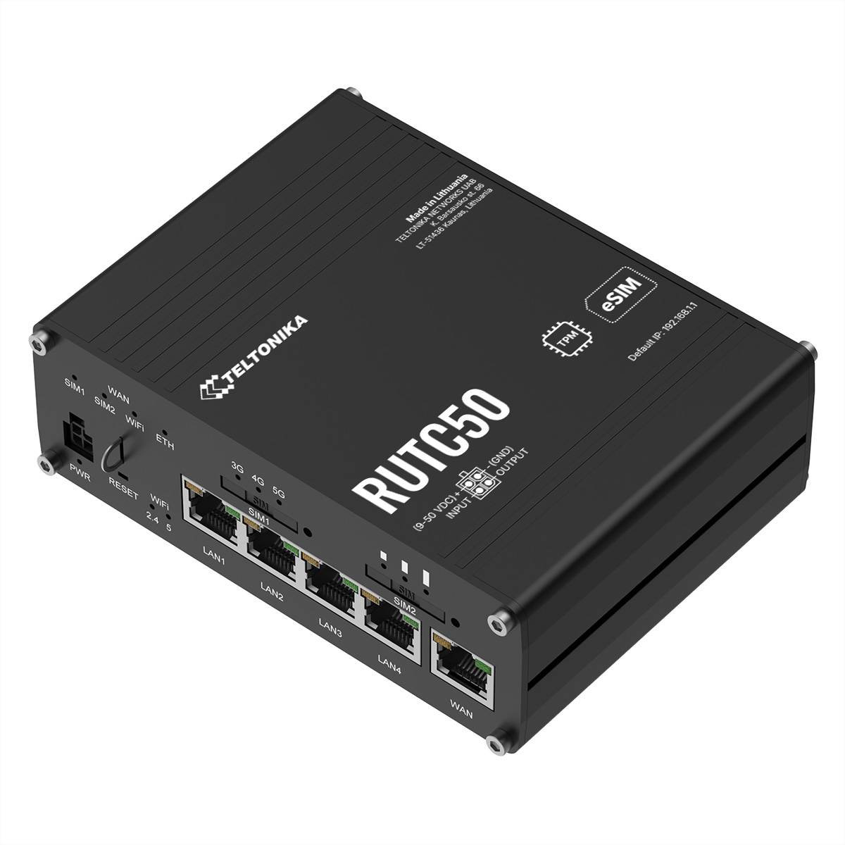 Ein schwarzer industrieller Router mit der Bezeichnung 'Teltonika RUT950' mit mehreren Ethernet-Ports, WAN- und LAN-Anzeigen sowie GSM- und WiFi-Symbolen.