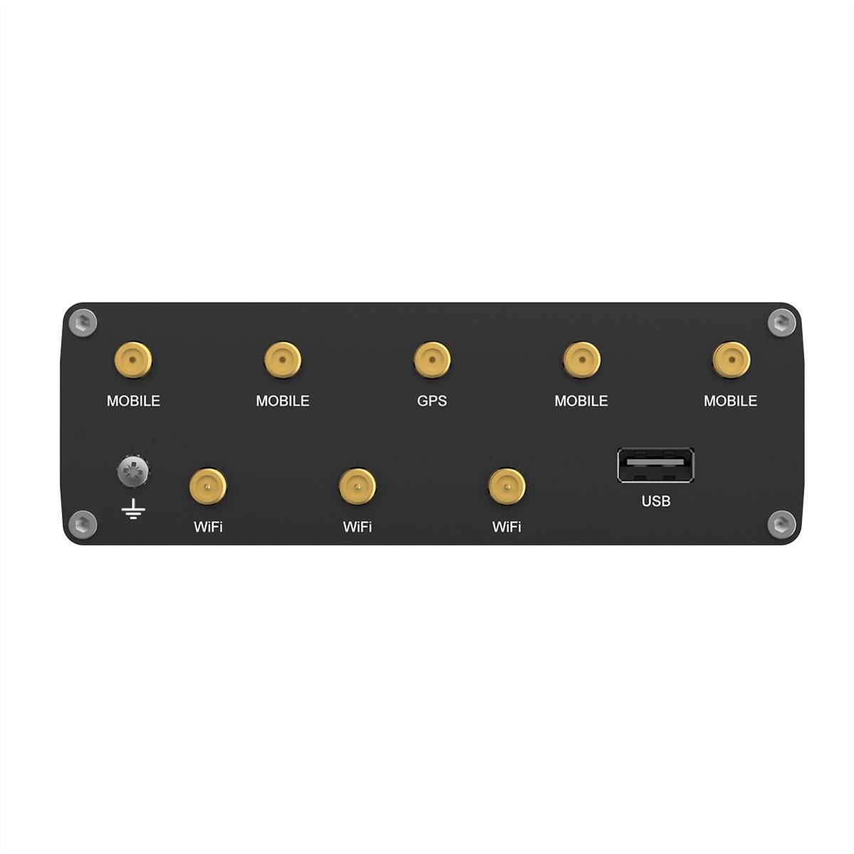 Ein schwarzes Gerät mit acht goldenen Anschlüssen, beschriftet mit 'MOBILE', 'GPS' und 'WiFI', sowie einem USB-Anschluss. Entwickelt für Konnektivitätsfunktionen.