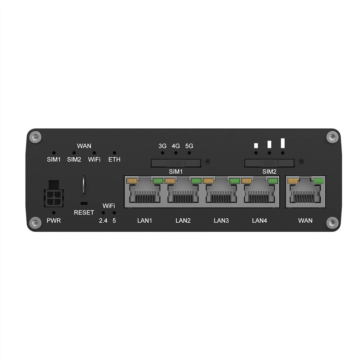 Netzwerkgerät-Rückseite mit Anschlüssen: SIM1, SIM2, 3G/4G/5G-Leuchten, Ports für LAN1-LAN4, WAN, PWR, RESET, WLAN 2,4 GHz und ETH.