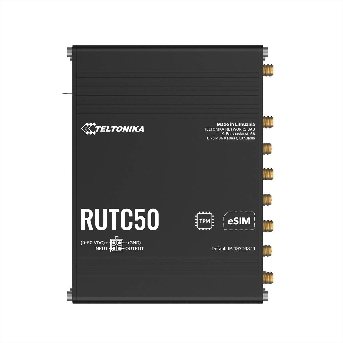 Ein schwarzes Teltonika RUTC50-Gerät mit mehreren goldenen Anschlüssen, auf dessen Oberfläche Logos, 'eSIM' und Verbindungsanweisungen zu sehen sind.