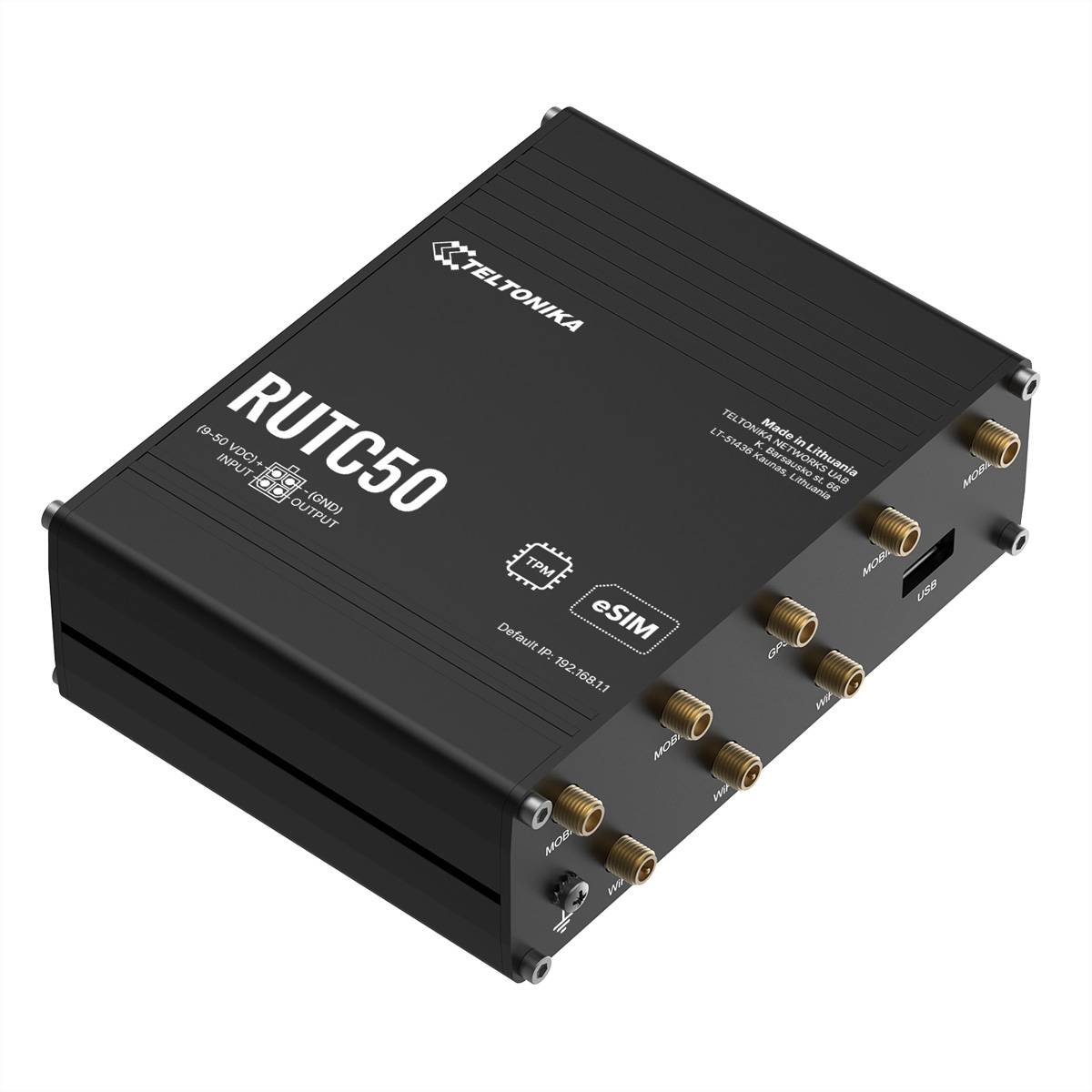 Ein schwarzer Teltonika RUTX50 Router mit mehreren Anschlüssen wird gezeigt. Auf seinem Etikett befinden sich die Bezeichnungen '5G / 4G / LTE / WiFi / GNSS / eSIM'.