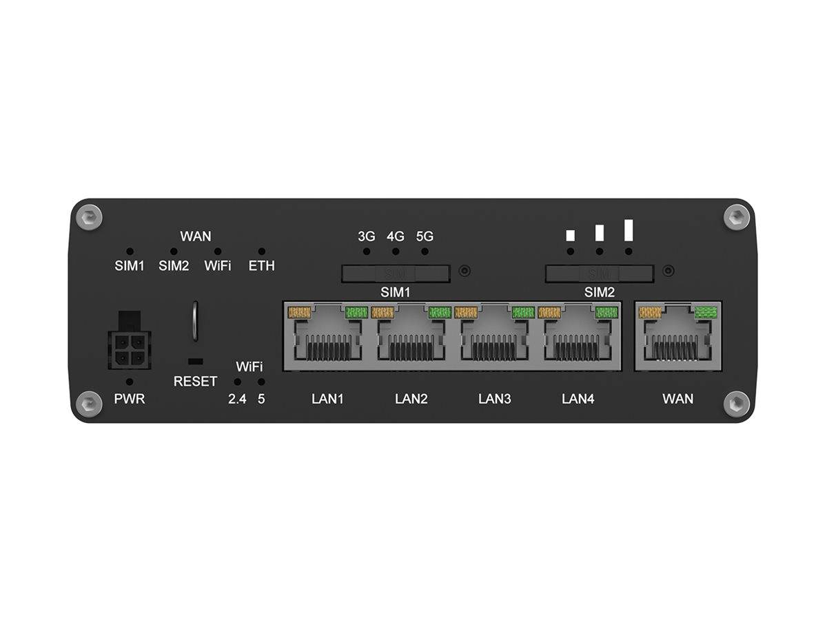 Rückansicht eines Dual-SIM-Wireless-Routers mit Stromanschluss, Reset-Taste, WiFi, WAN, fünf Ethernet-Anschlüssen mit den Bezeichnungen LAN1-LAN4 und WAN sowie 3G/4G/5G-Indikatoren.