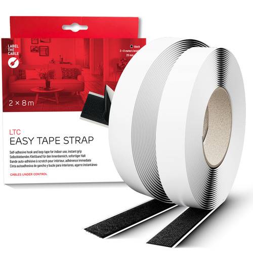 Easy Tape Strap' Paket mit zwei Rollen selbstklebender Klettband, je 8 Meter lang, geeignet für den Innenbereich, Farbe schwarz.