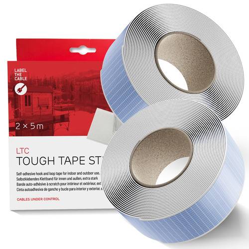 „Zwei Rollen selbstklebendes Klett- und Flauschband neben rot-weißer Verpackung mit der Aufschrift LTC Tough Tape Stick, 2 x 5 m.