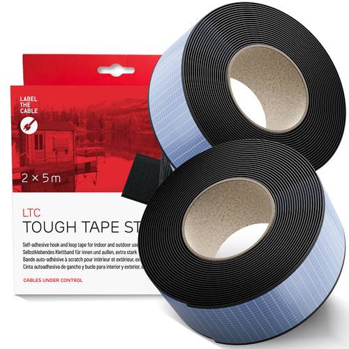 Zwei Rollen schwarzes selbstklebendes Klett- und Flauschband mit Verpackung mit der Aufschrift „LTC Tough Tape Strip