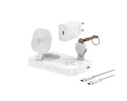 Weiße kabellose Ladestation mit ausklappbarem Telefonpad, Uhrenständer und Ohrhörer-Ladestation, plus Netzteil und USB-C-Kabel.