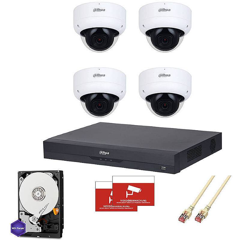Dahua Set IP 4x Dome 4K PoE + 8-CH NVR, Set-Inhalt:2x Aufkleber, NVR Rekorder, 4 TB Festplatte, 4x Dome Kamera, 4x 30 M