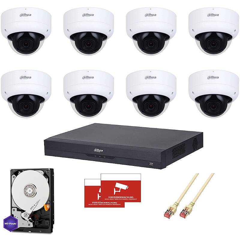 Dahua Set IP 8x Dome 4K PoE + 16-CH NVR, Set-Inhalt:2x Aufkleber, NVR Rekorder, 8x Dome Kamera, 2x 4TB Festplatte, 8x 3