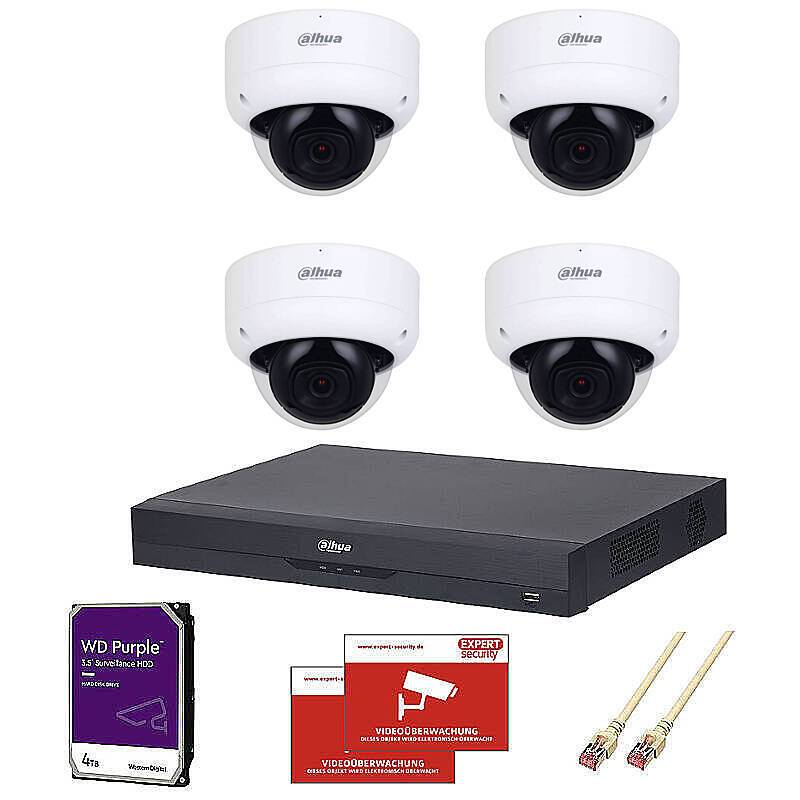 Dahua Set IP 4x Dome 1080p PoE + 8-CH NVR, Set-Inhalt:2x Aufkleber, NVR Rekorder, 4 TB Festplatte, 4x Dome Kamera, 4x 3