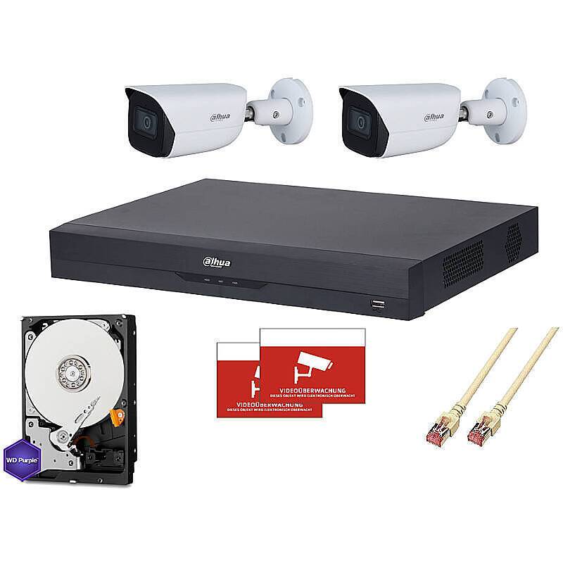 Dahua Set IP 2x Bullet 1080p PoE + 8-CH NVR, Set-Inhalt:2x Aufkleber, NVR Rekorder, 4 TB Festplatte, 2x Bullet Kamera,