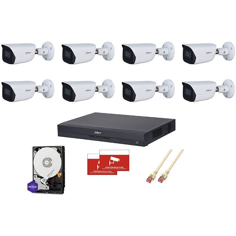 Dahua Set IP 8x Bullet 1080p PoE + 16-CH NVR, Set-Inhalt:2x Aufkleber, NVR Rekorder, 8x Bullet Kamera, 2x 4TB Festplatt