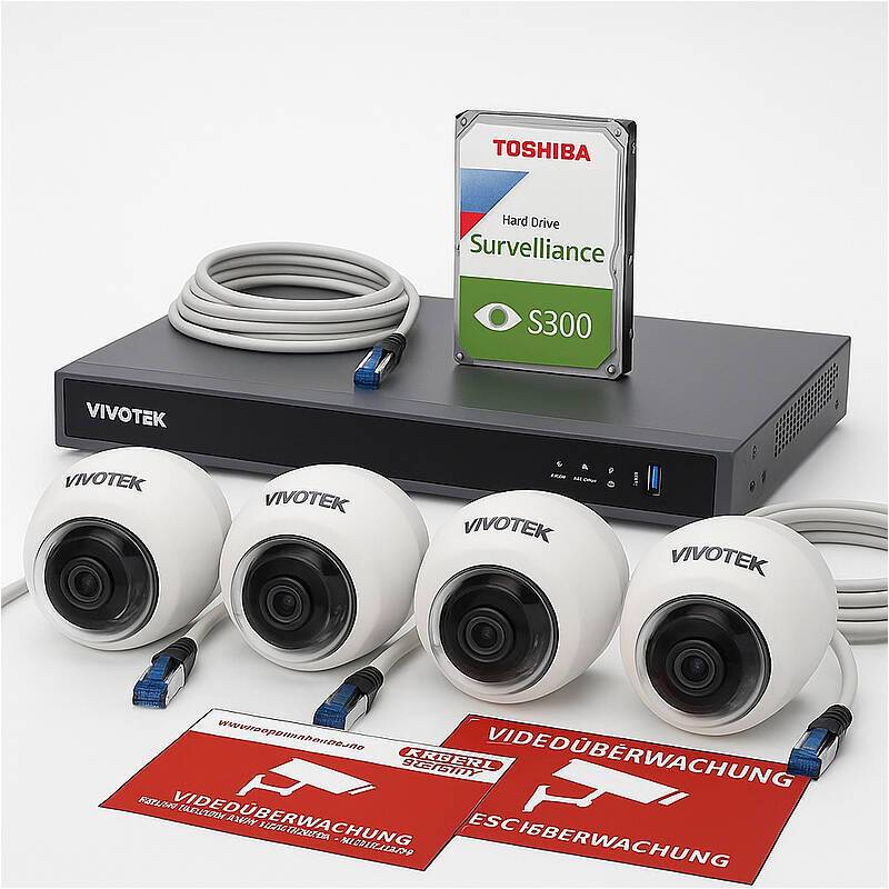Ein Sicherheitskamerasystem mit vier Kuppelkameras der Marke 'Vivotek', einem Videorekorder, einer Toshiba-Überwachungsfestplatte und zwei Warnhinweisen.