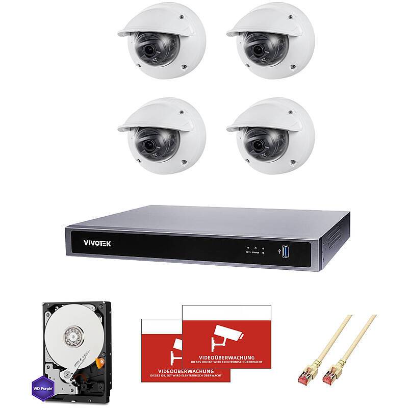 Profi Kamerasystem 4x Dome 1080p Vario + 8-CH NVR, Set-Inhalt:2x Aufkleber, NVR Rekorder, 4 TB Festplatte, 4x Dome Kame