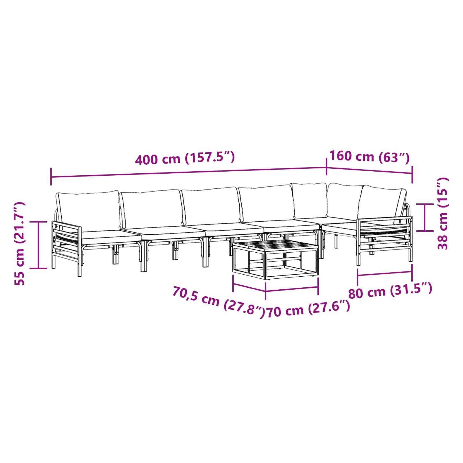 Abmessungen eines modularen Outdoor-Sofas mit Kissen: Länge 400 cm (157,5