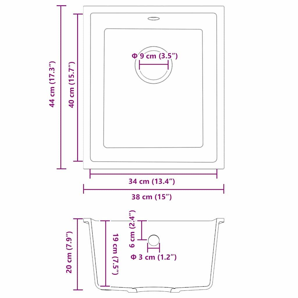 Quadratisches Waschbecken Draufsicht und Seitenansicht mit Maßen: 44 cm Höhe, 40 cm Breite, 38 cm Tiefe. Abflussduchmesser beträgt 9 cm.