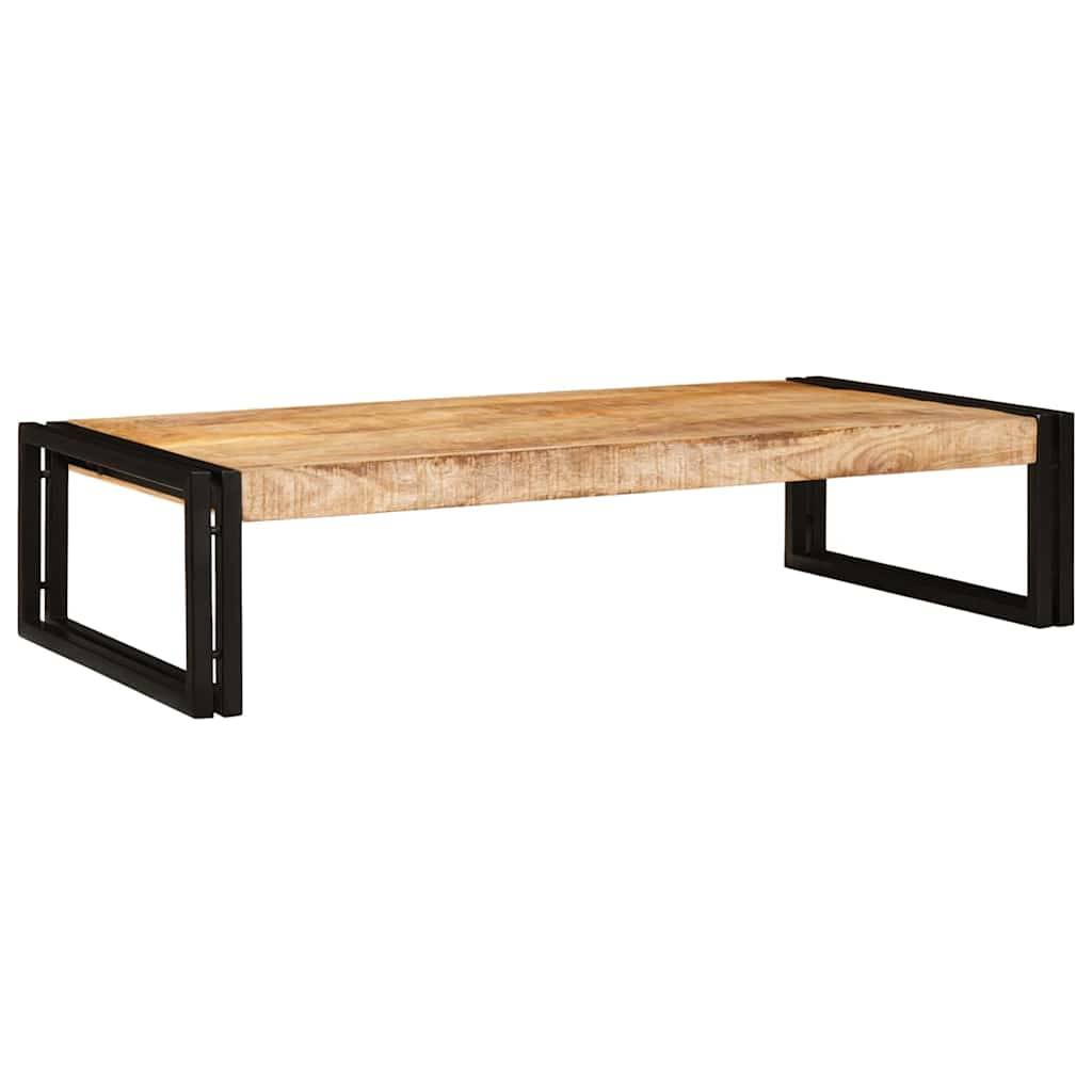 Ein Couchtisch aus Holz mit einer rechteckigen Tischplatte und schwarzen Metallbeinen, der ein modernes industrielles Design aufweist.