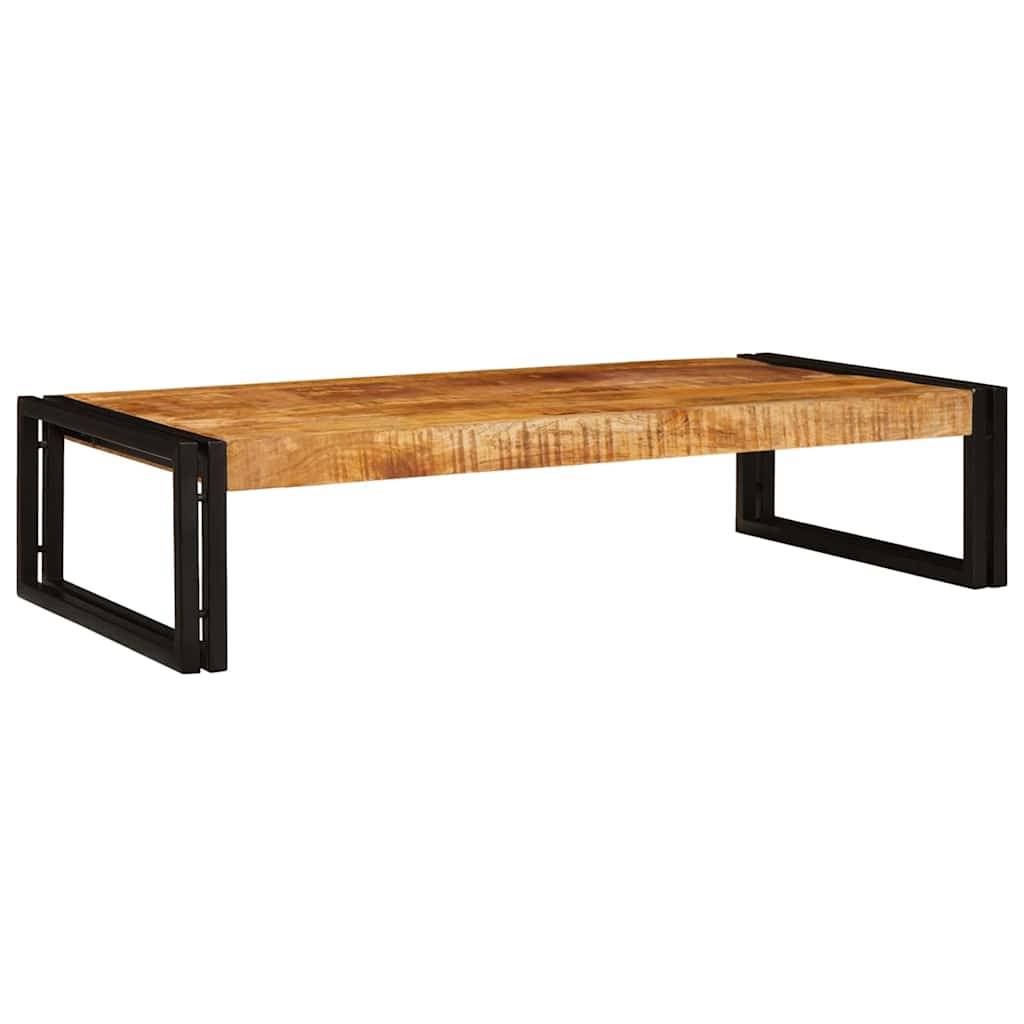 Rechteckige Holzbank oder niedriger Tisch mit einer dicken Tischplatte aus Naturholz und schwarzen Metallrahmenbeinen auf weißem Hintergrund.