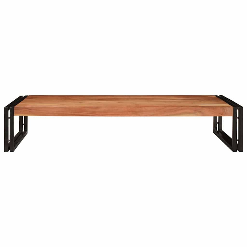 Eine Holzbank mit langem rechteckigem Sitz und schwarzem Metallrahmen auf weißem Hintergrund.