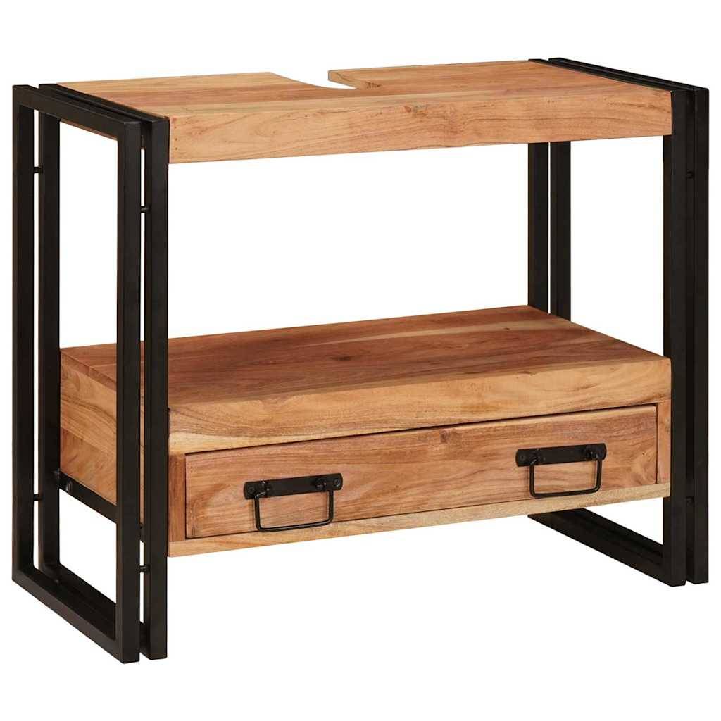 Ein Beistelltisch aus Holz mit rechteckiger Gestaltung, schwarzem Metallgestell und einer einzelnen Schublade mit Metallgriffen, der einen modernen Look bietet.