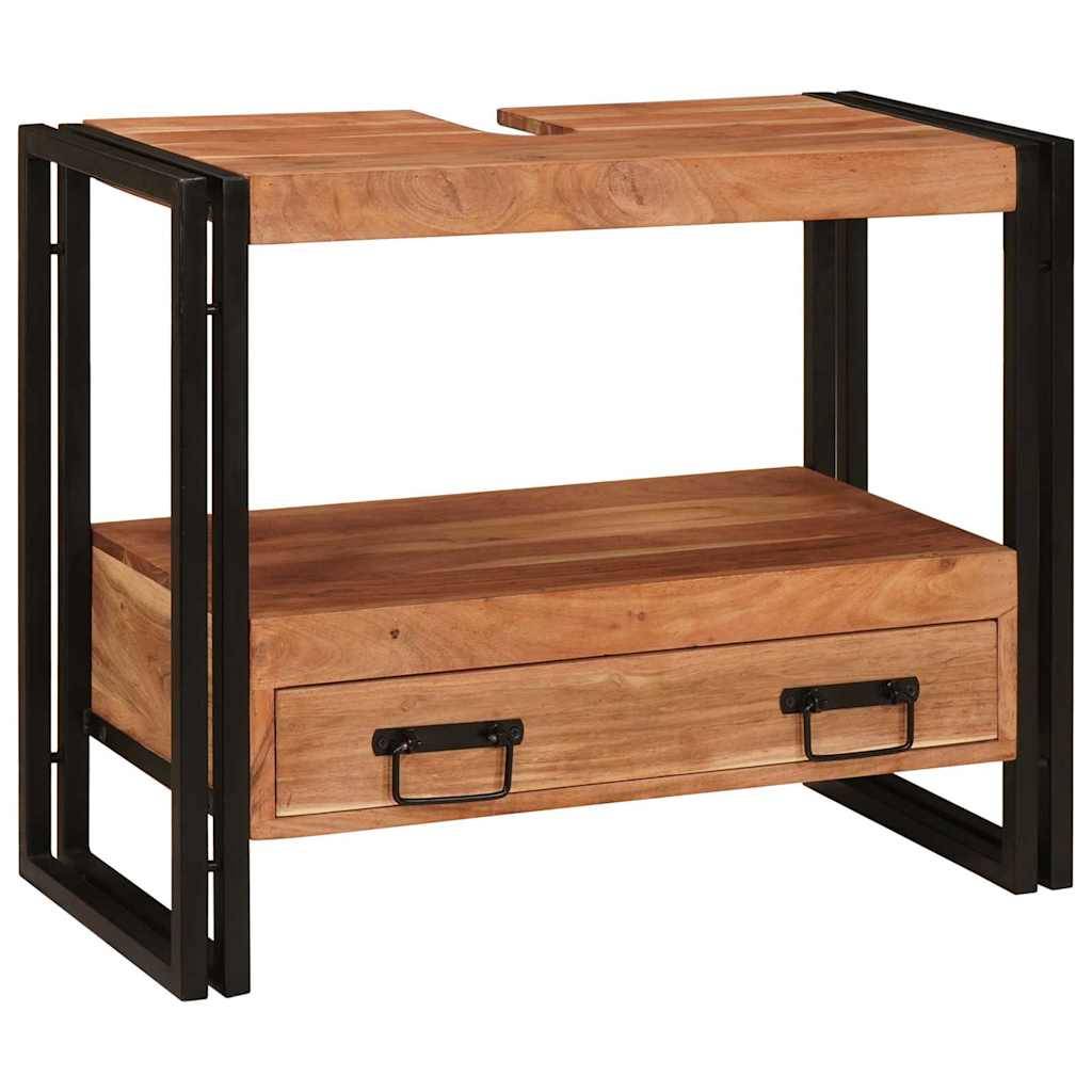 Ein Beistelltisch aus Holz mit zwei Ablagen und einer Schublade, getragen von einem schwarzen Metallgestell, der einen rustikalen und industriellen Designstil verkörpert.