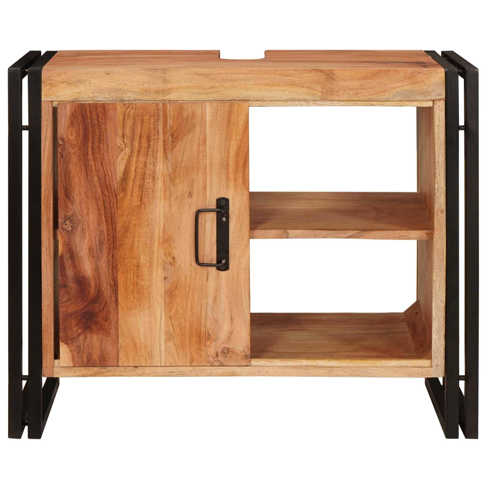 Ein Holzschrank mit Metallrahmen, der eine Tür mit einem schwarzen Griff auf der linken Seite und zwei offene Regale auf der rechten Seite aufweist.