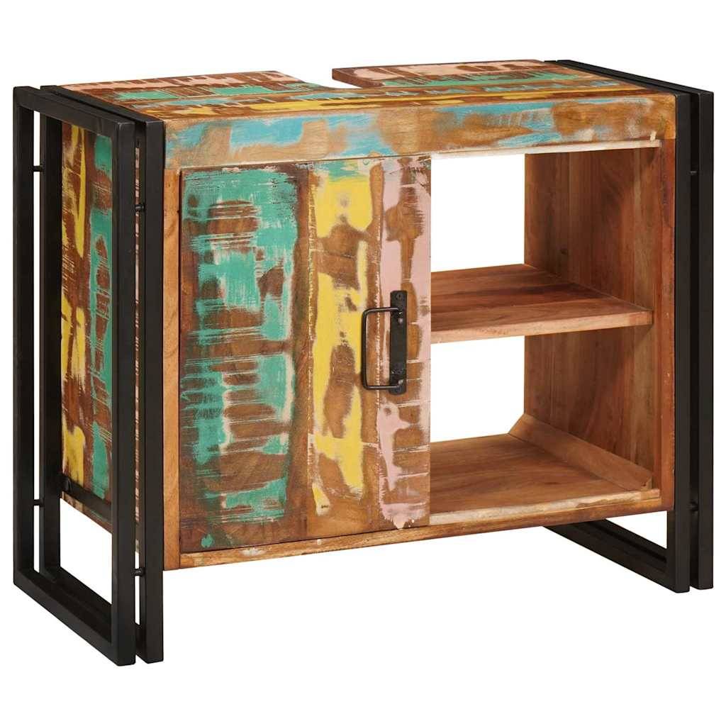 Ein kleiner, rustikaler Holzschrank mit abgenutzter, mehrfarbiger Oberfläche und einer einzelnen Schiebetür, ausgestattet mit zwei Regalen und schwarzen Metallrahmenakzenten.