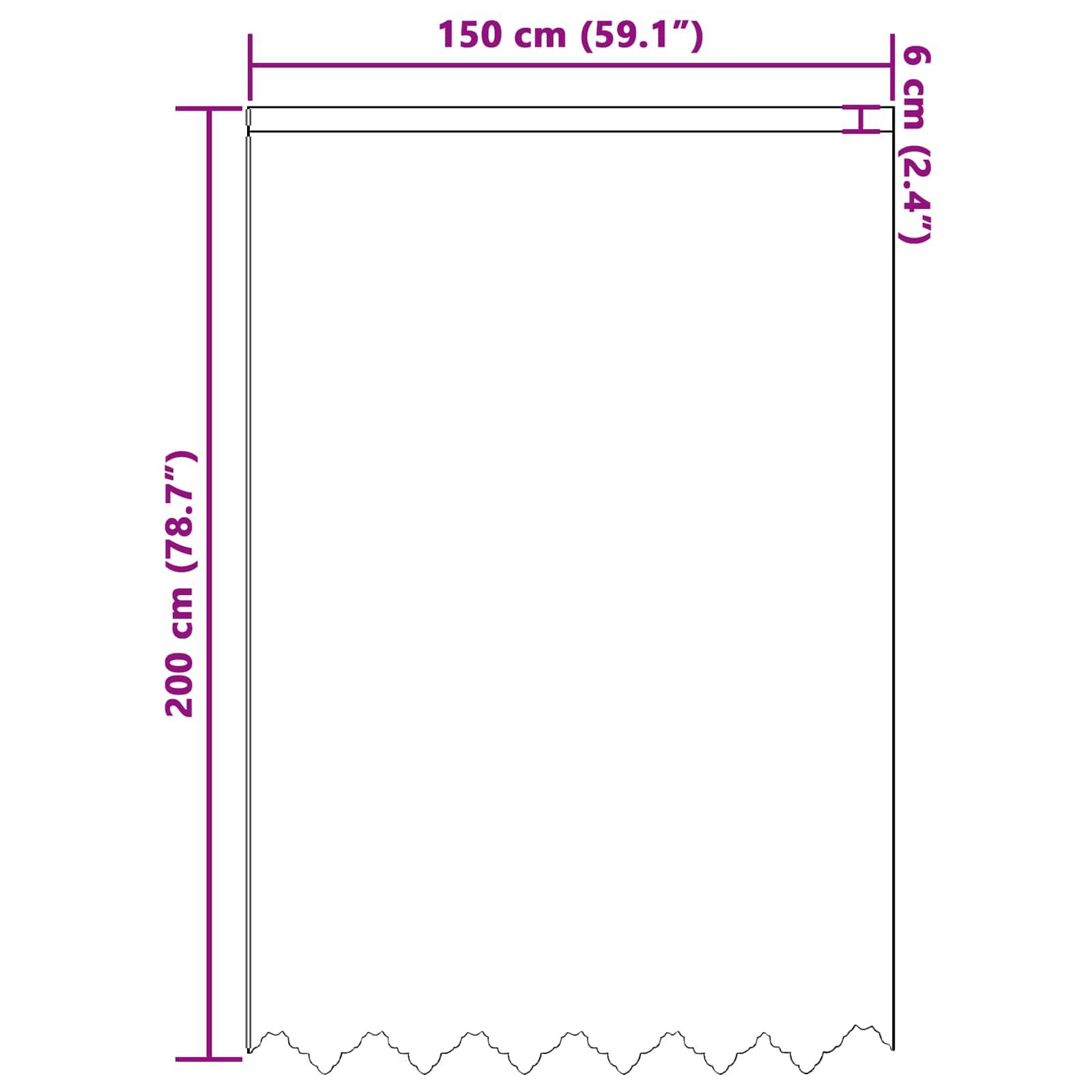 Türvorhang mit einer Höhe von 200 cm und einer Breite von 150 cm, mit einem Kopfleisten-Bereich von 6 cm. Abmessungen auch in Zoll angegeben.
